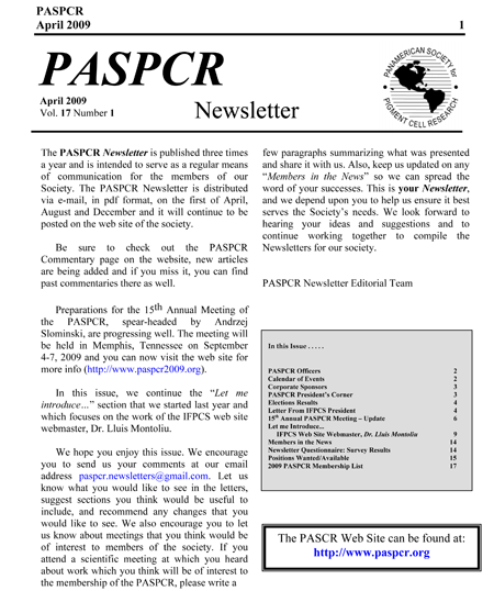 PACPCR Newsletter April 2009 Vol. 17, N. 1